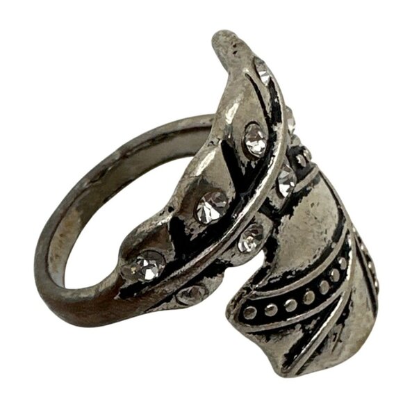 Boho Chic Leaf Motif Wrap Ring Distressed Silver Tone Rhinestones Whimsy Fairy - Picture 3 of 10